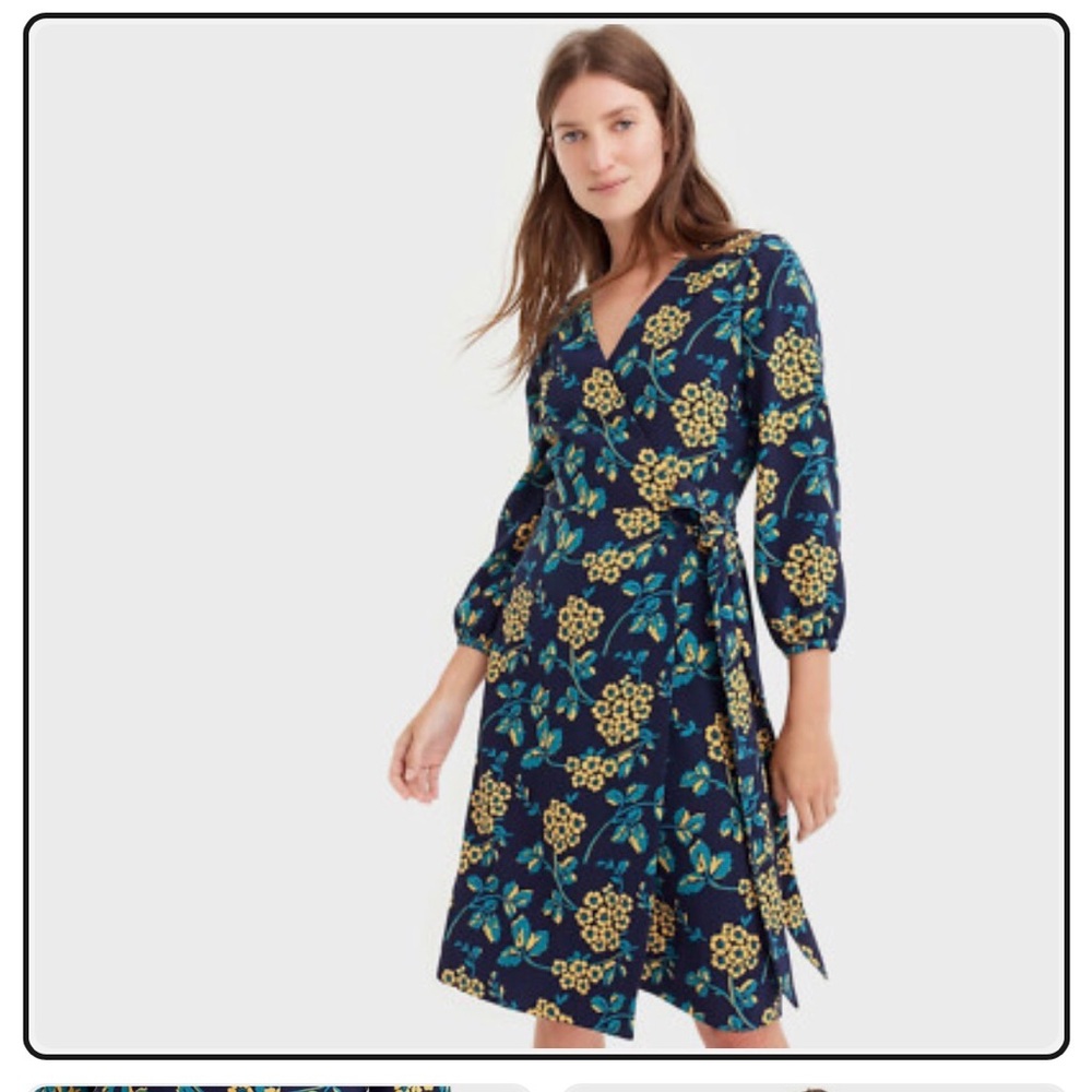 J crew golden Floral Wrap Midi Dress in Navy and Yellow size 4
